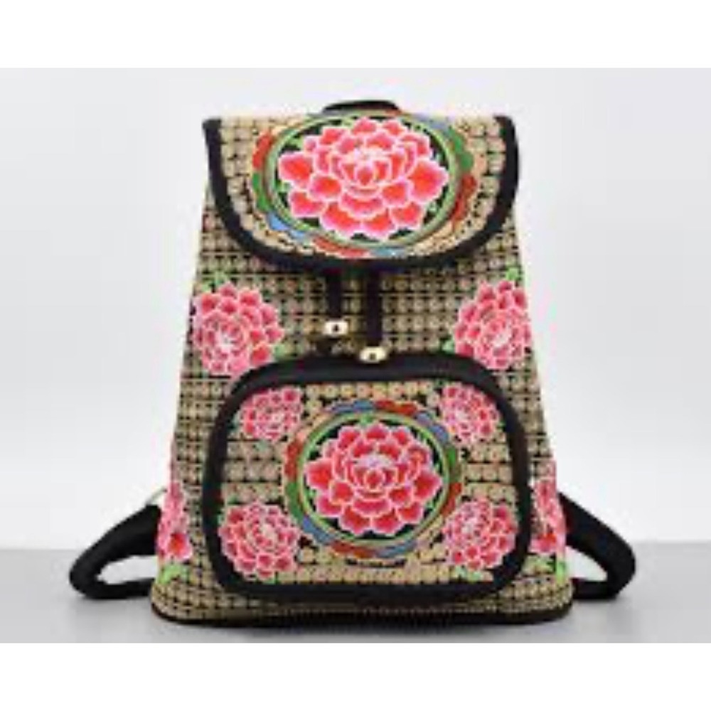Embroidered Floral Canvas Backpack Boho Pink Peony Black Gold Rucksack Bag - Picture 3 of 3